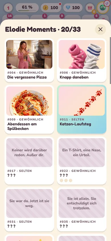 Das Album Elodie Moments, mit freigeschalteten und noch verdeckten Karten