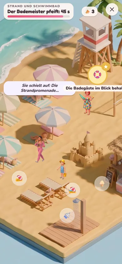 Strand und Schwimmbad: Sonnenschirme, Bademeisterturm, Sandburg und Elodie unter den Badegästen