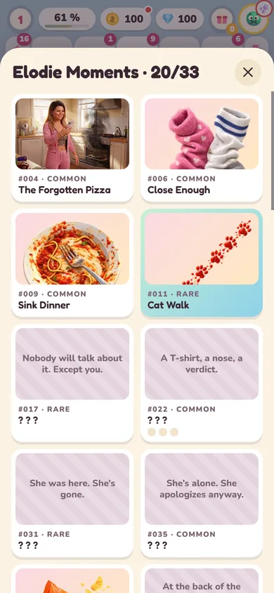 The Elodie Moments album, with unlocked cards and others still hidden