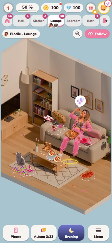 The messy living room: Elodie slumped on the sofa with a pizza, Princesse on the rug, spilled grenadine and sauce