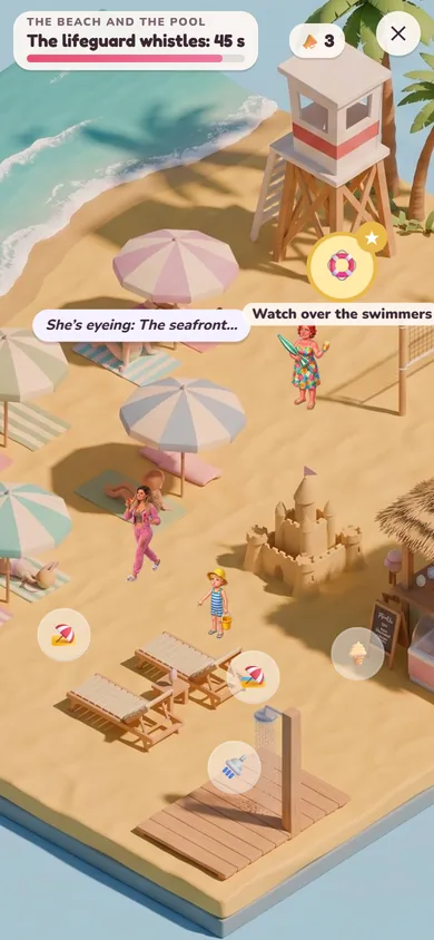 The beach and the pool: parasols, the lifeguard tower, a sandcastle and Elodie among the swimmers