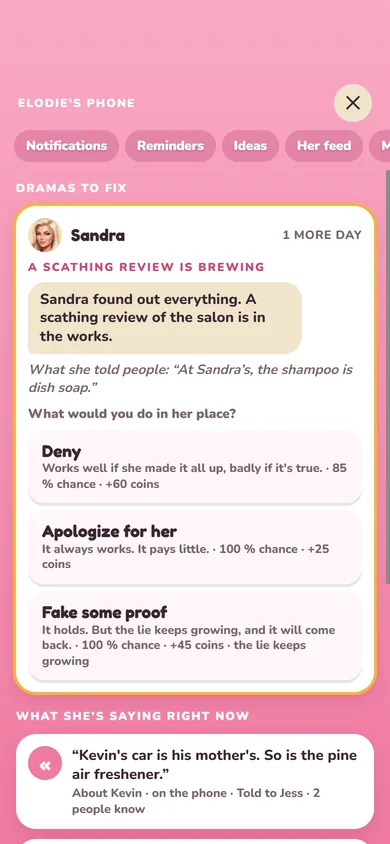 Elodie's phone open on her gossip: Sandra is preparing a vicious review, three replies to choose from