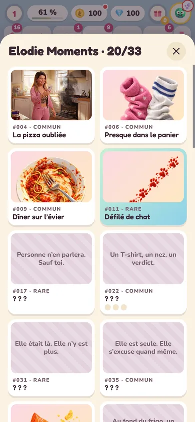 L'album Elodie Moments, avec des cartes débloquées et d'autres encore cachées