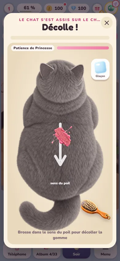 Le mini-jeu « Décolle ! » : brosser Princesse pour décoller un chewing-gum de son poil