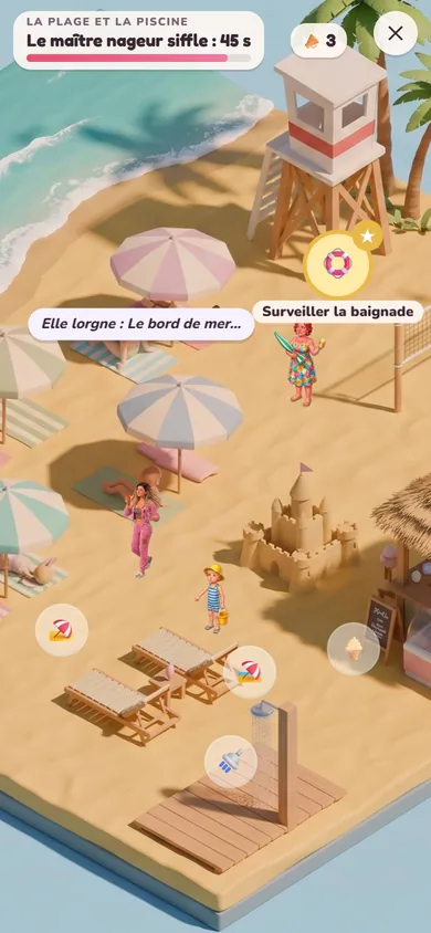 La plage et la piscine : parasols, poste du maître nageur, château de sable et Elodie parmi les baigneurs