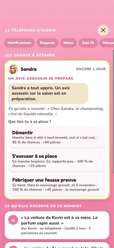 Le téléphone d'Elodie ouvert sur les ragots : Sandra prépare un avis assassin, trois réponses au choix